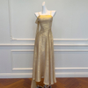 Yigelila 2026 Early Spring New Arrival Gold Spaghetti Strap Elegant Long Slim Fit Evening Dress69491