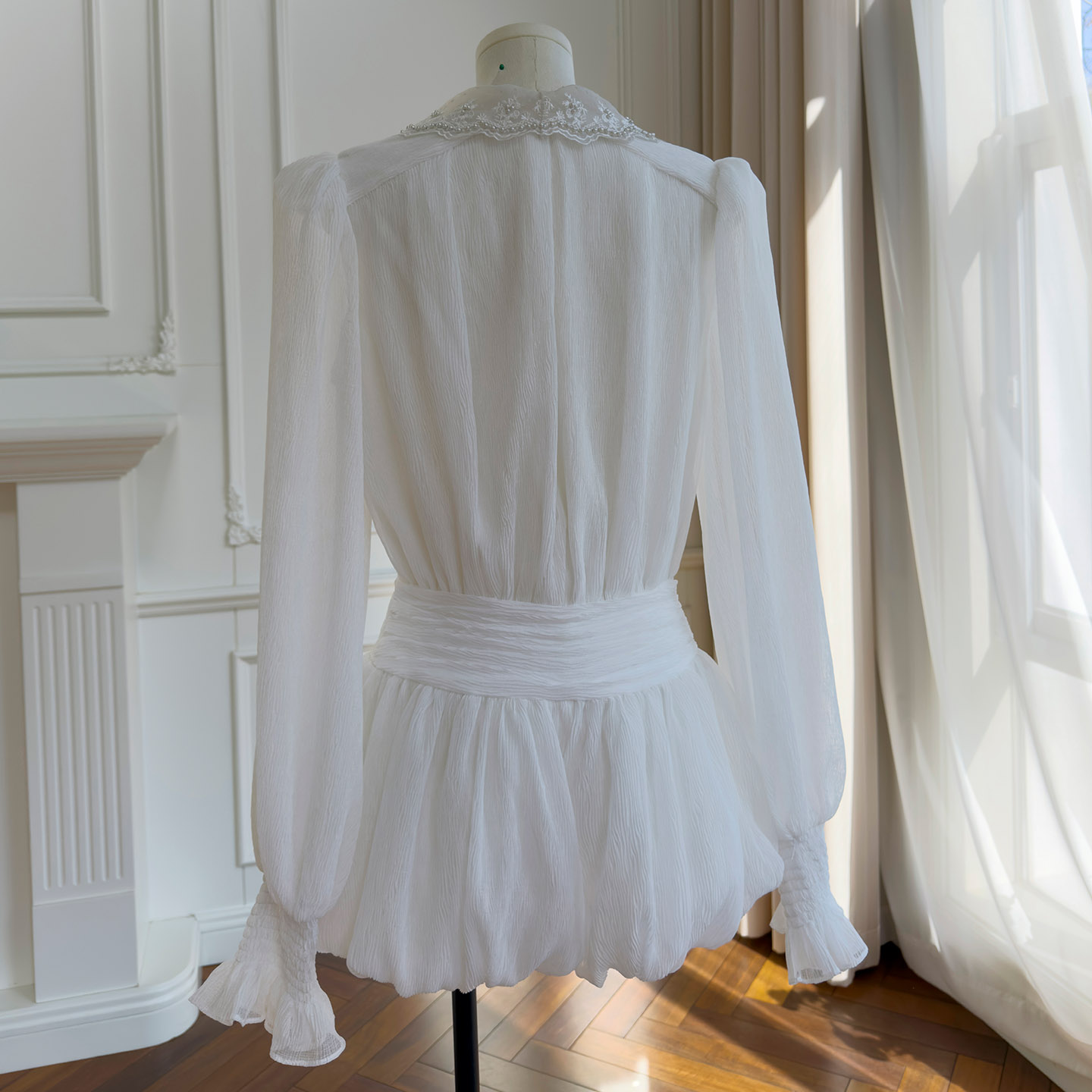 French Luxury Style White Long-Sleeve Romper Dress69628