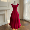 French Hepburn Style Waist-Cinched Slim Fit Square Neck Cap Sleeve Dress, Elegant A-Line Long Dress69635