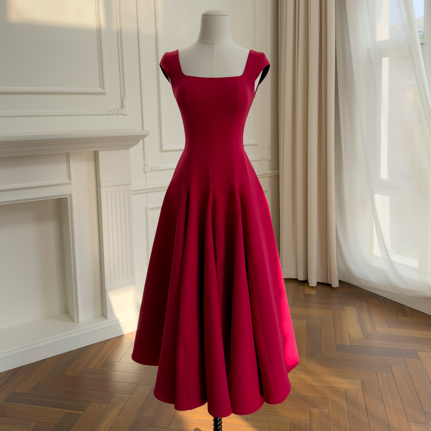 French Hepburn Style Waist-Cinched Slim Fit Square Neck Cap Sleeve Dress, Elegant A-Line Long Dress69635