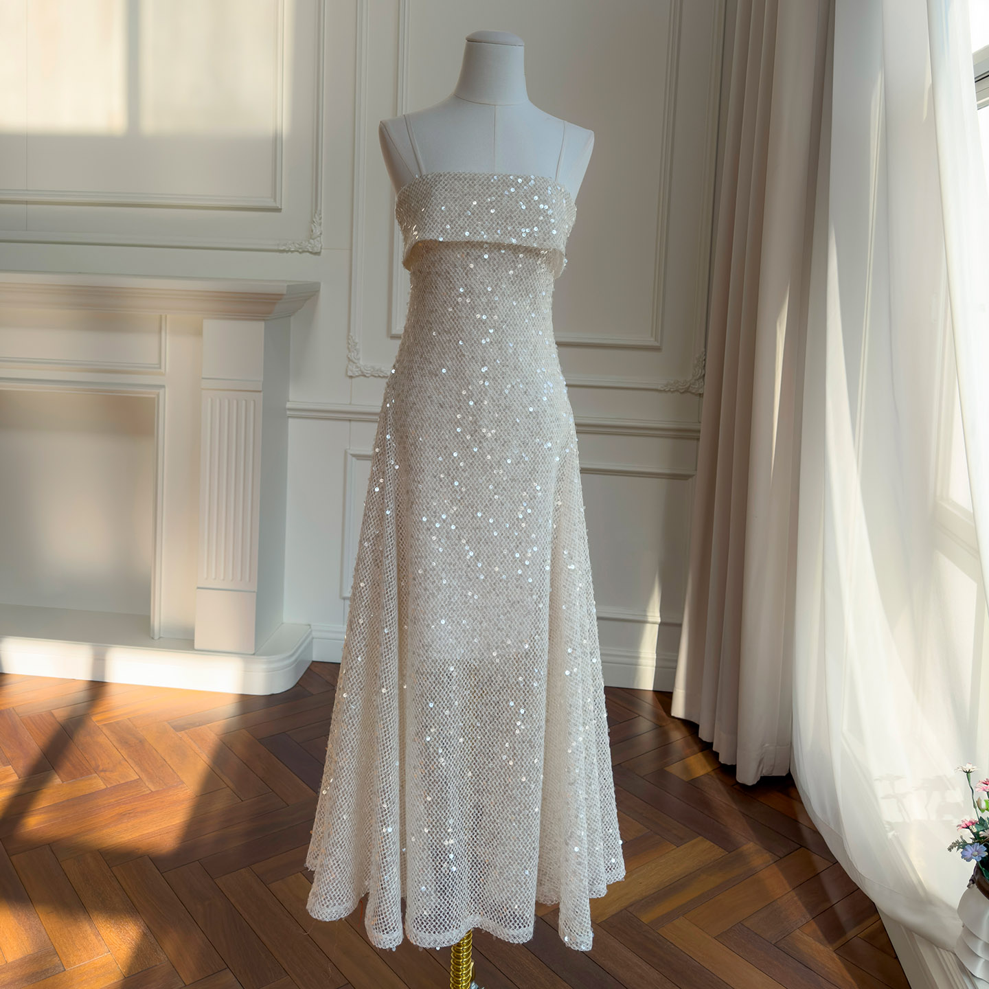 French Sleeveless High Waist Bodycon Dress, 2026 Spring Birthday Banquet Evening Dress, Spaghetti Strap Sequin Dress69598