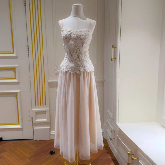 French Style Waist-Fitted Sleeveless Dress, Cold Fresh Girl Feeling, Hollow Lace Patchwork Mesh Spaghetti Strap Tube Dress69579