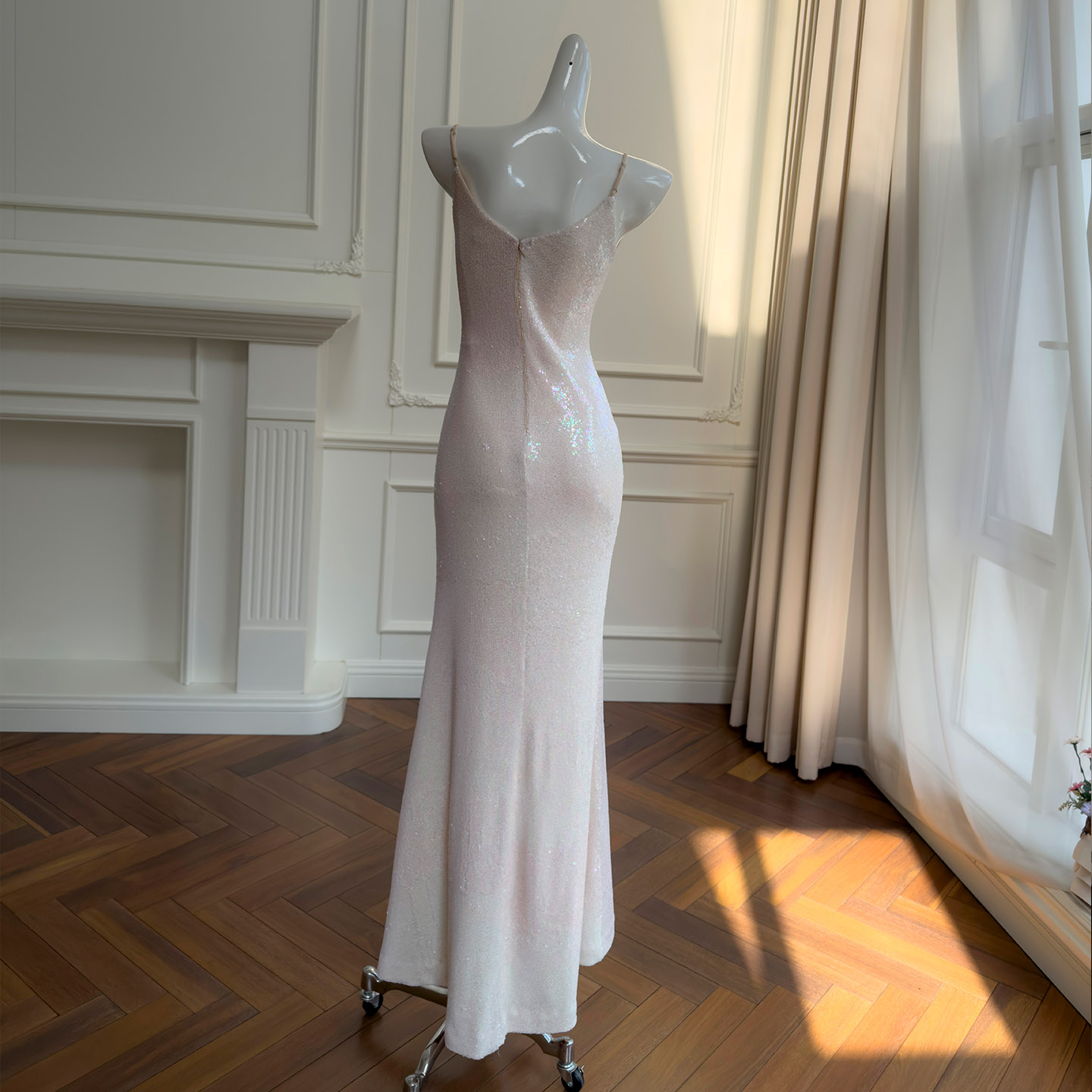 French Elegant High-Grade Shiny Draped Neck Spaghetti Strap Dress for Women, Slim Fit Bodycon Evening Party Dress69560