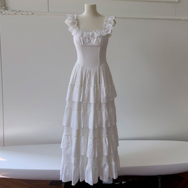 French Luxury Hollow Embroidery Slim Waist Long Dress, Ruffle Square Neck Pleated Elegant Dress69227