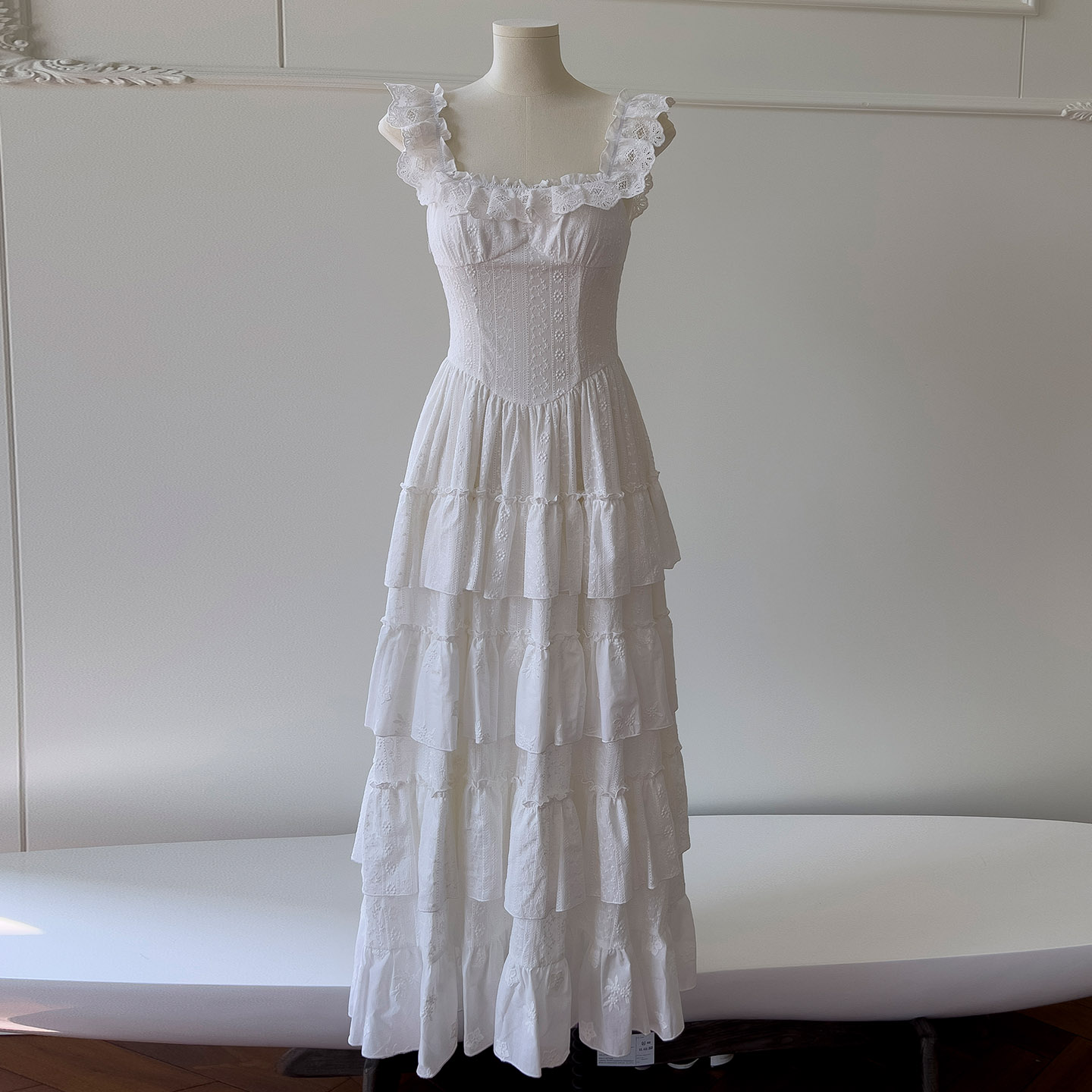 French Luxury Hollow Embroidery Slim Waist Long Dress, Ruffle Square Neck Pleated Elegant Dress69227