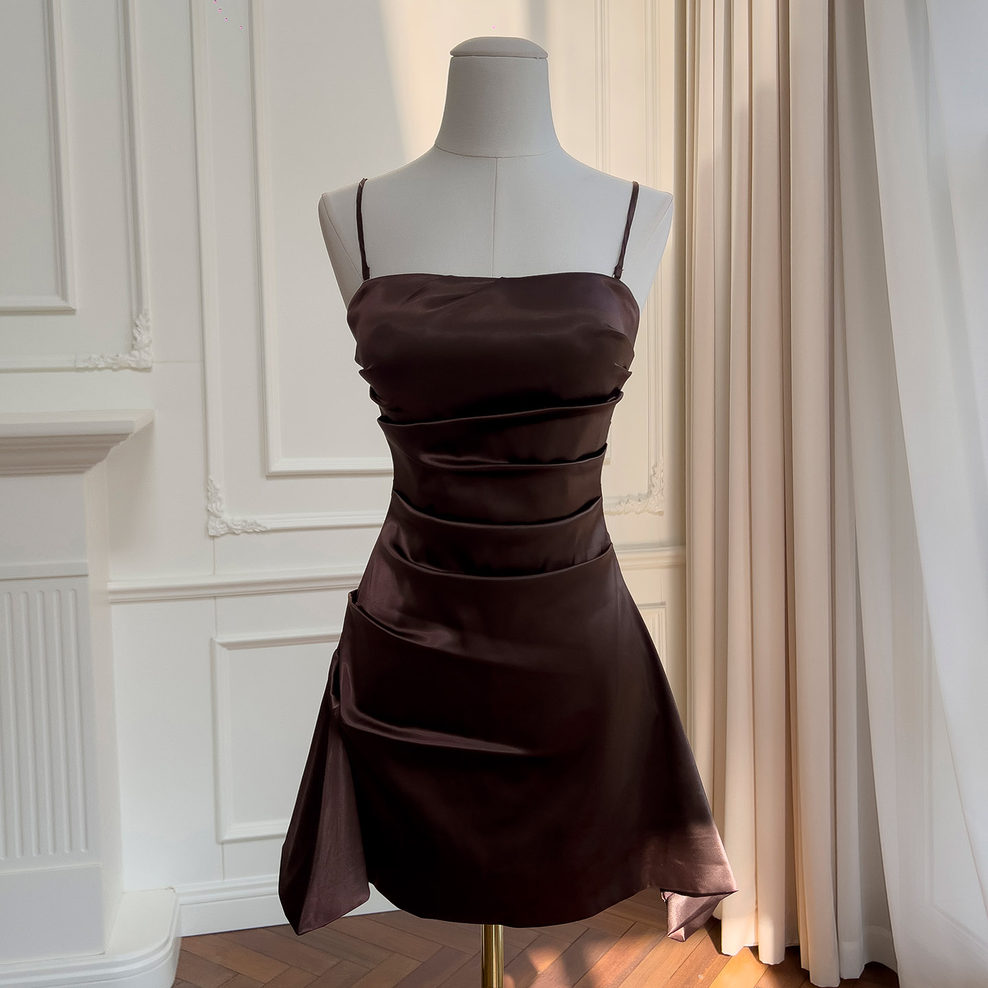 Brown Asymmetric Ruched Mini Dress 69548