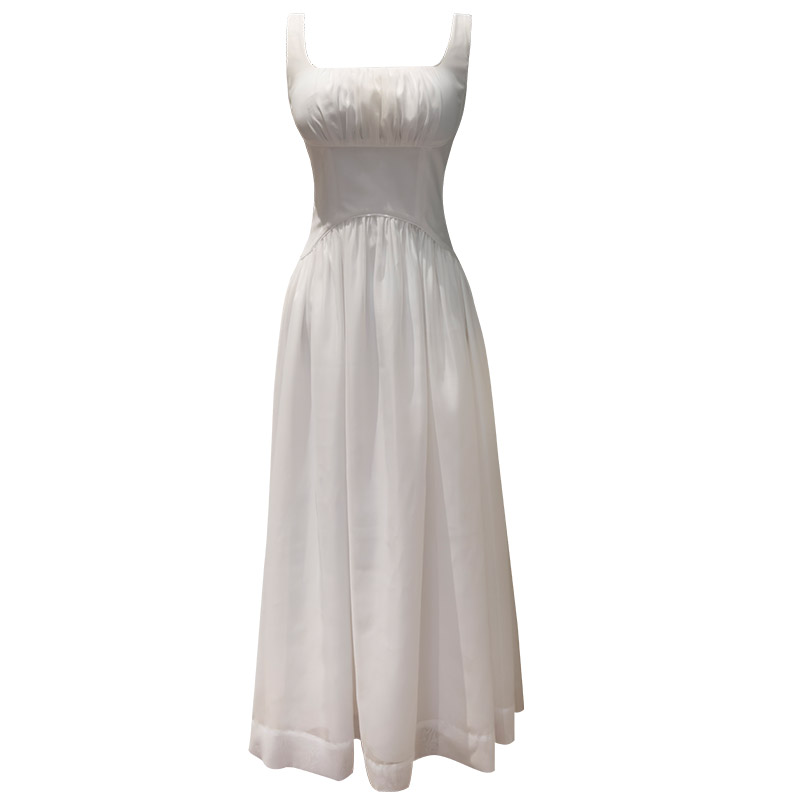 Elegant White High-Waist Spaghetti Strap Dress69697