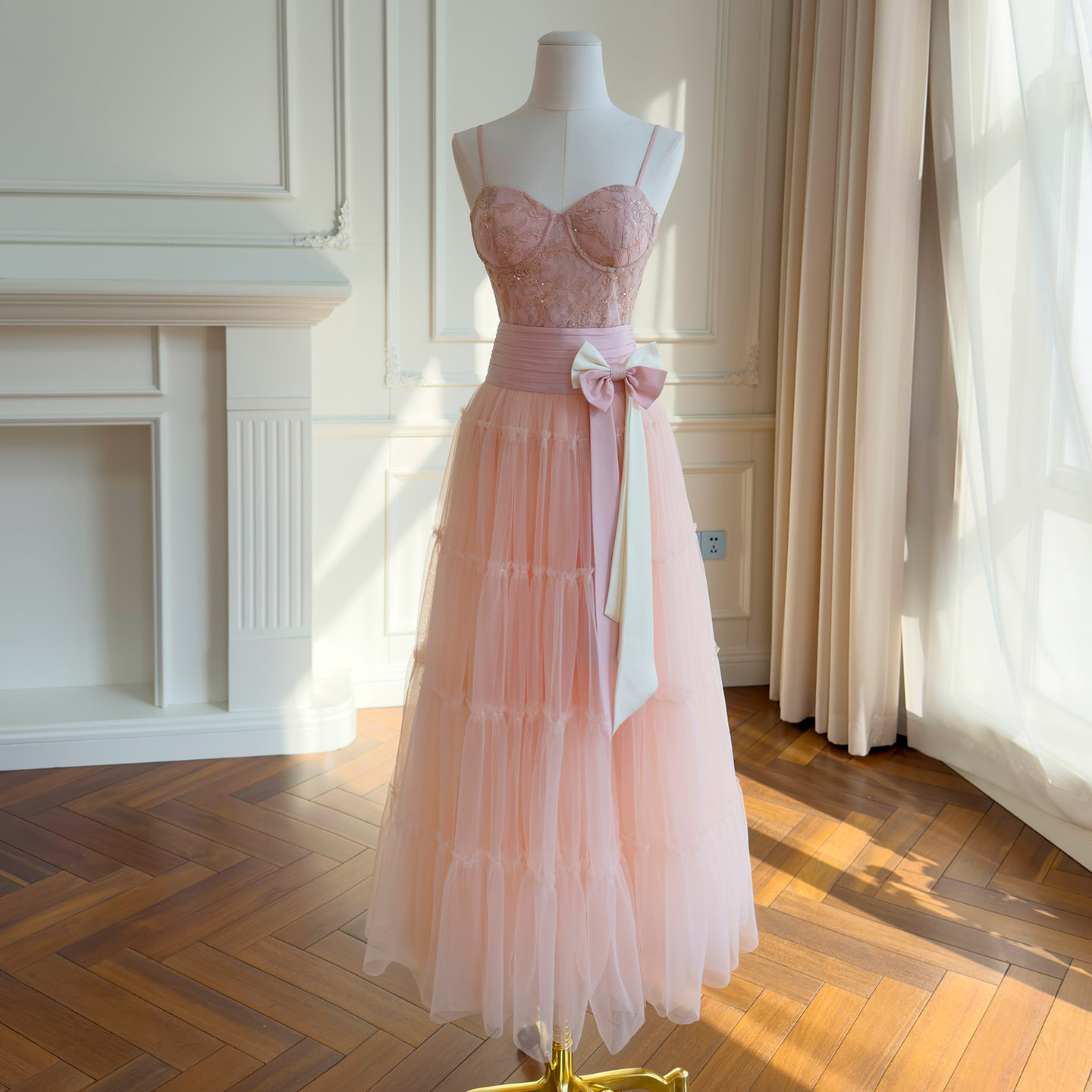 Pink Lace Bustier Tulle Spaghetti Strap Dress66517