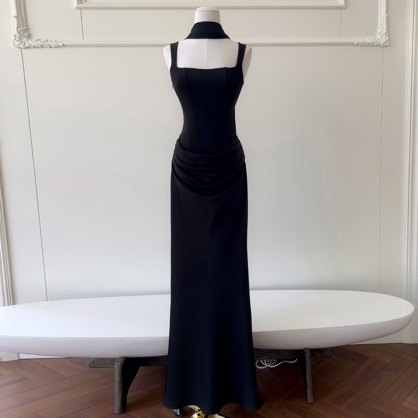 Black Ruched Waist Evening Gown 69544