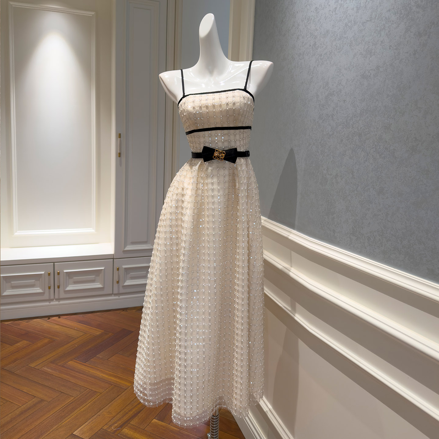 Chanel-Style Cream Grid Sheer Mesh Spaghetti Strap Midi Dress69699