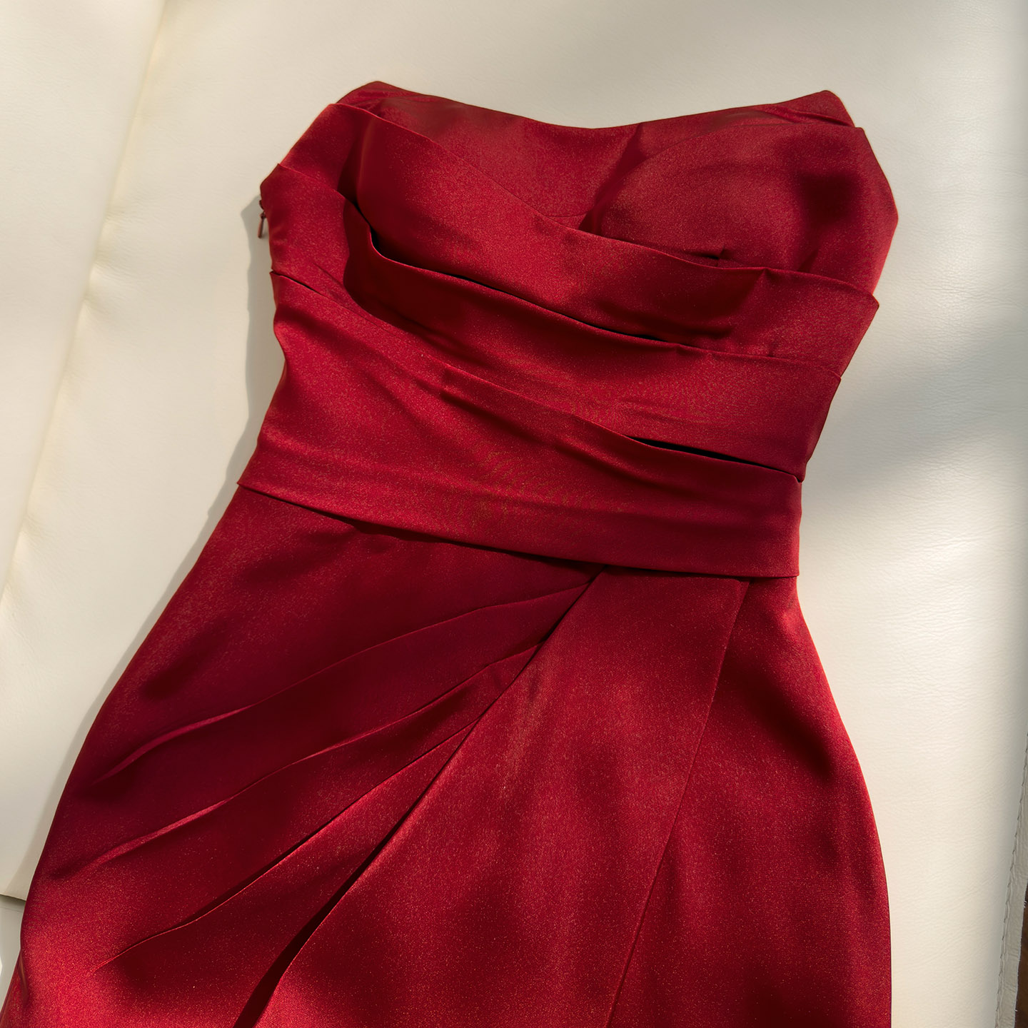 Vintage Burgundy Strapless Ruched Midi Gown69676