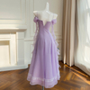 Soft Lavender Off-Shoulder Ruffle Lace Strap Maxi Dress69663