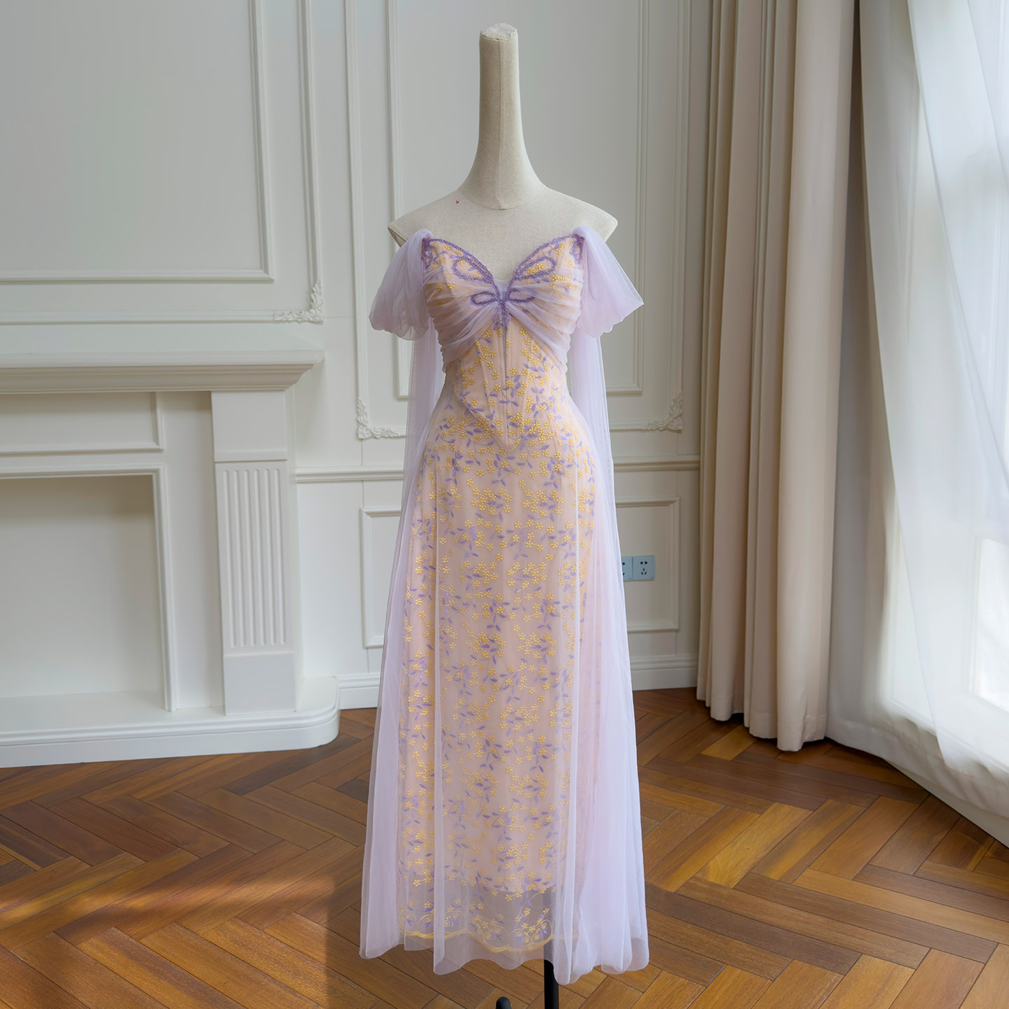 Lavender Off-the-Shoulder Butterfly Strapless Tulle Dress69689