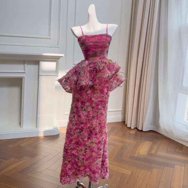 French Floral Camisole Dress - Women's Off-Shoulder Waist-Cinched Tie-Waist Maxi Dress, Figure-Flattering Evening Gown