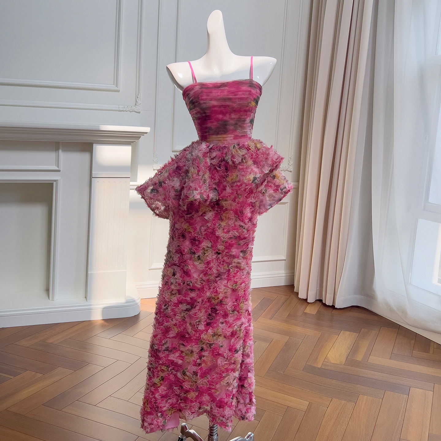 French Floral Camisole Dress - Women's Off-Shoulder Waist-Cinched Tie-Waist Maxi Dress, Figure-Flattering Evening Gown