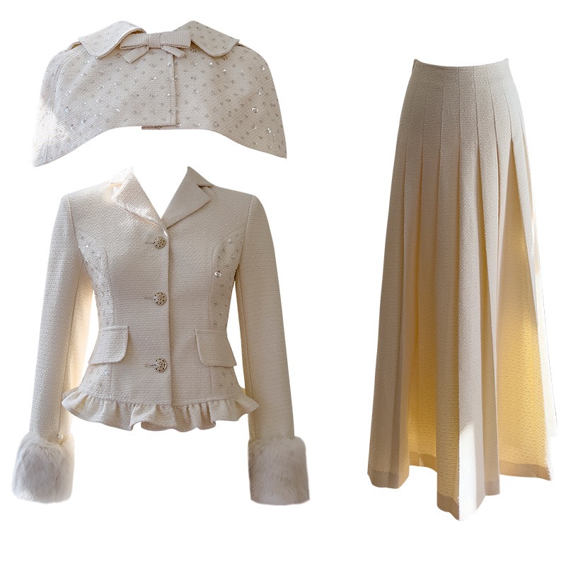 Vintage Princess-Style Tweed 3-Piece Set: Sequined Beaded Coat, Cape & Skirt