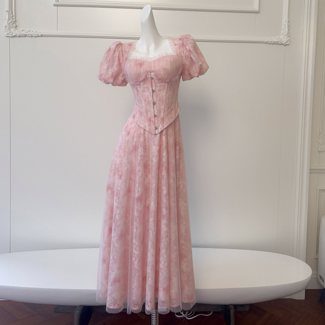 Pink Tie-Dye Lace Puff Sleeve Maxi Dress69557