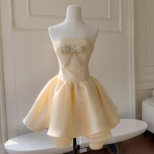 Champagne Strapless Beaded Bow Flared Mini Formal Dress69601