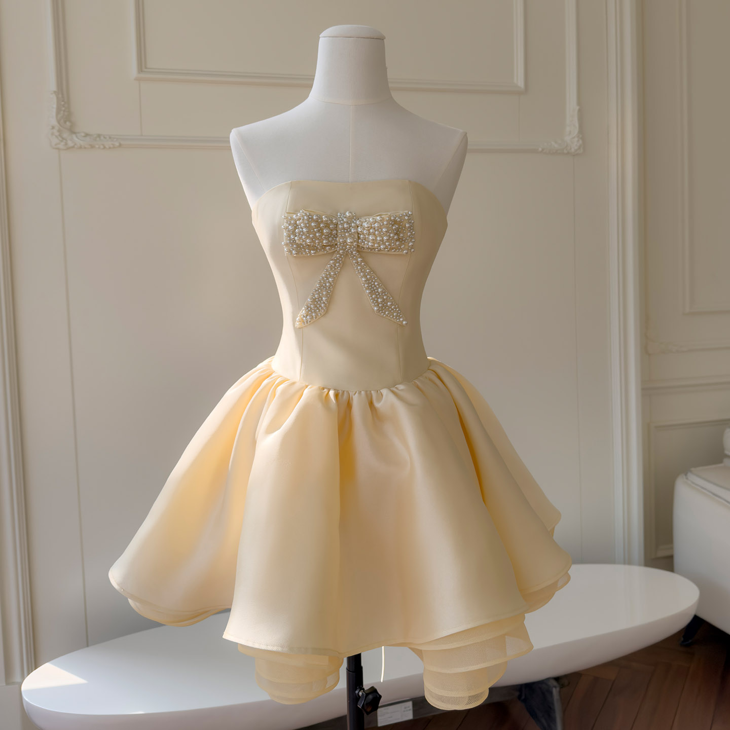 Champagne Strapless Beaded Bow Flared Mini Formal Dress69601