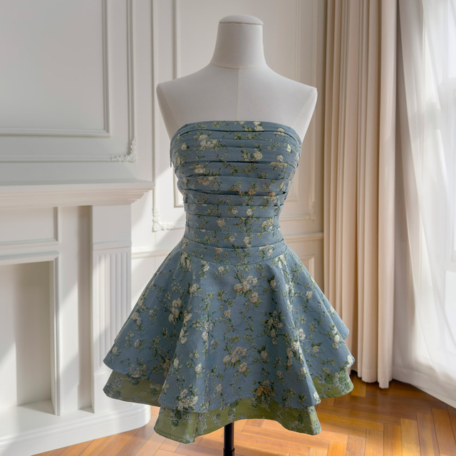 Blue Floral Strapless Ruched Waist Mini Dress69707