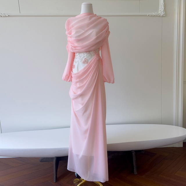 Vintage Luxury Elegant Slim Fit Pleated Bodycon Dress with Splicing 3D Embroidery Evening Gown69551