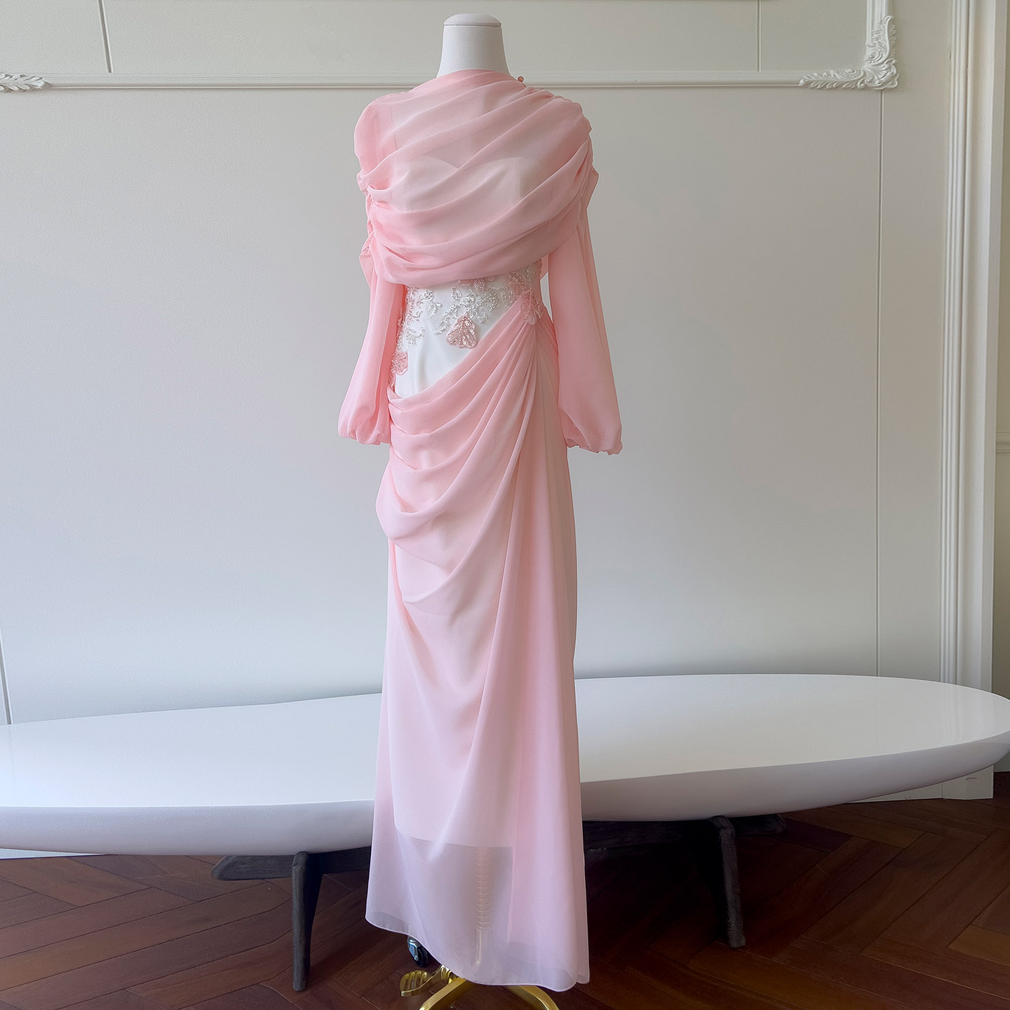 Vintage Luxury Elegant Slim Fit Pleated Bodycon Dress with Splicing 3D Embroidery Evening Gown69551