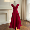 French Hepburn Style Waist-Cinched Slim Fit Square Neck Cap Sleeve Dress, Elegant A-Line Long Dress69635