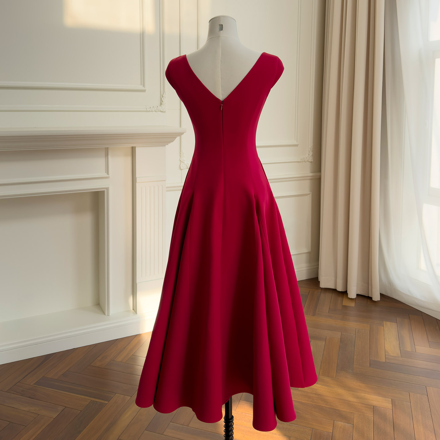 French Hepburn Style Waist-Cinched Slim Fit Square Neck Cap Sleeve Dress, Elegant A-Line Long Dress69635