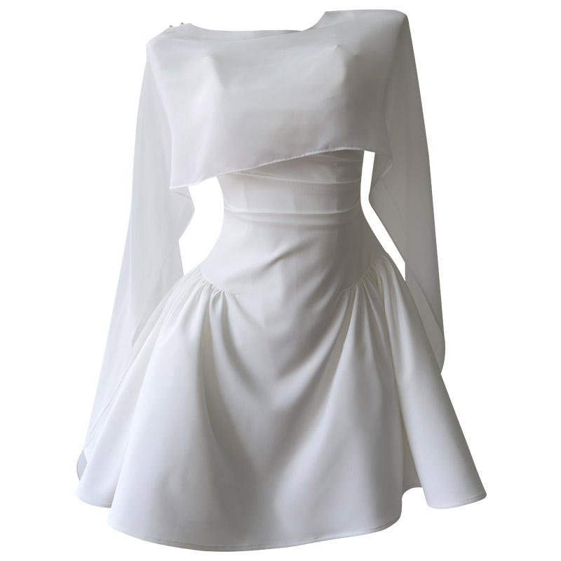 French Elegant Minimalist Pleated Waist Spaghetti Strap Dress with Draped Shawl Cape 2-Piece Set69661+69619