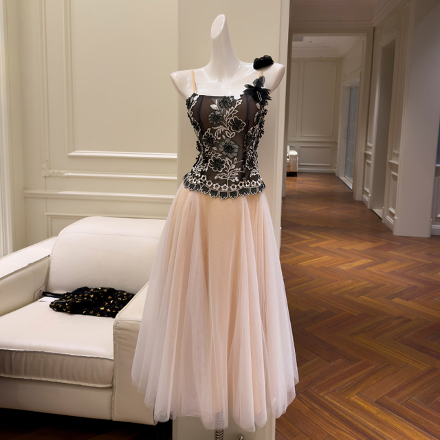 Heavy Embroidered Sheer Tulle Spliced Nude Pink Spaghetti Strap Dress69673