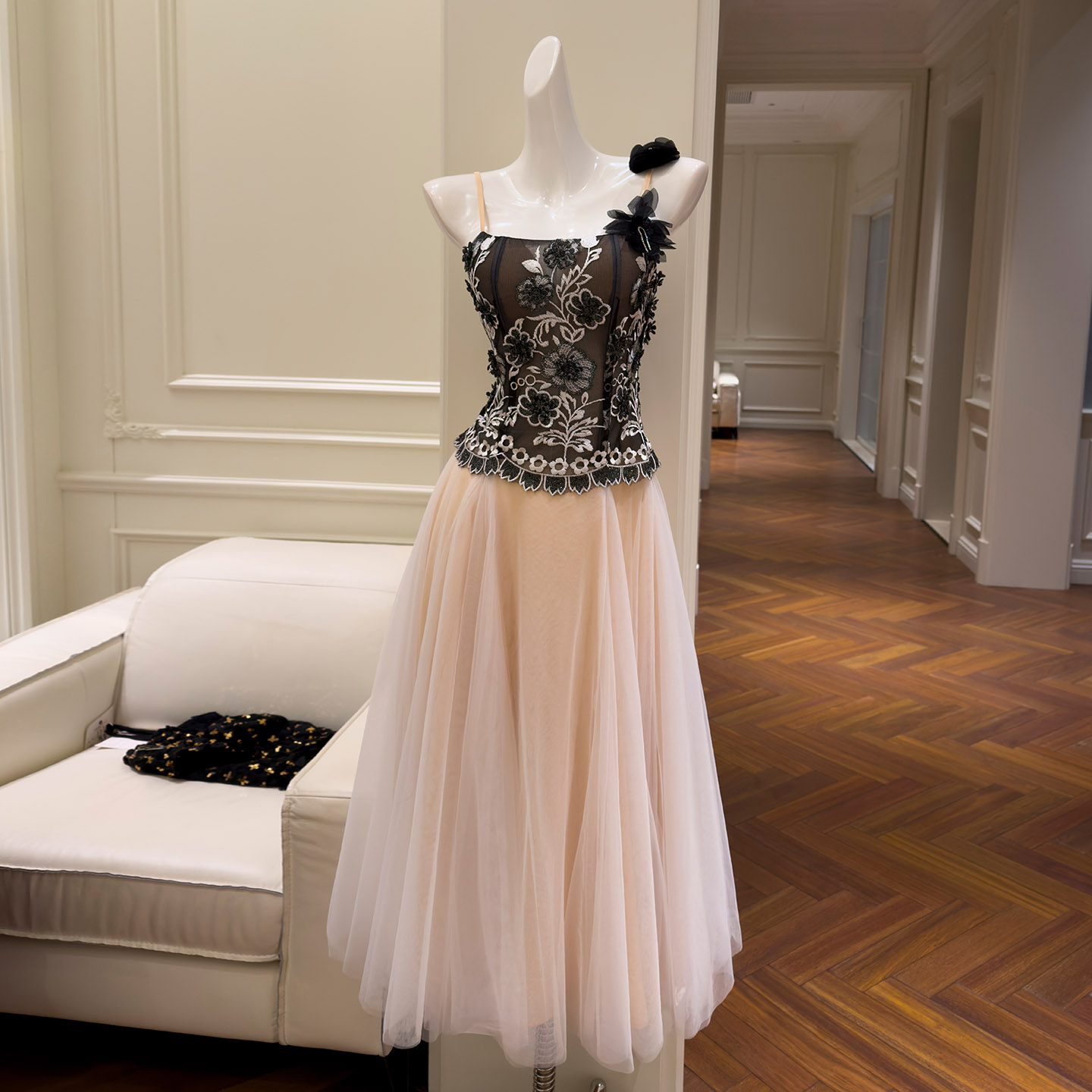 Heavy Embroidered Sheer Tulle Spliced Nude Pink Spaghetti Strap Dress69673