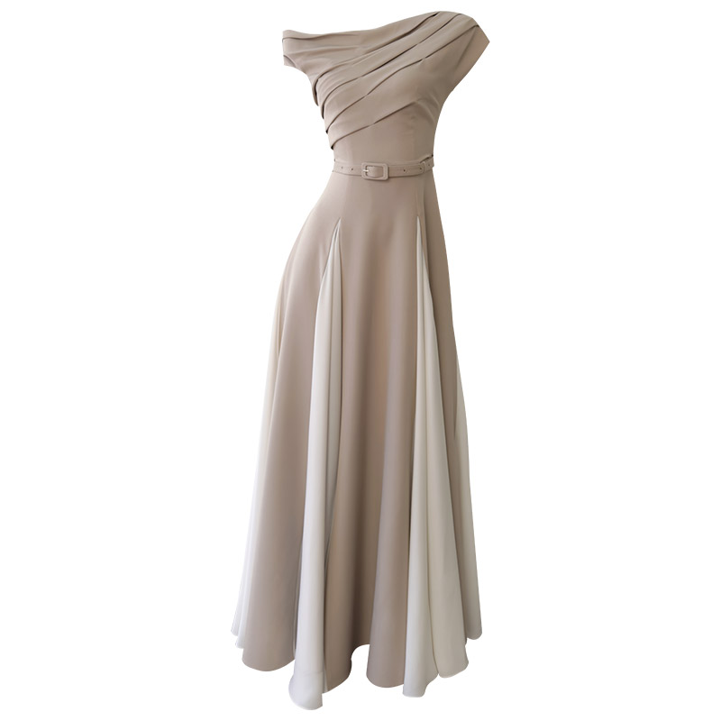 Yigelila 2026 Spring New Arrival, Tea White Patchwork Elegant Long Waist-Fitted Slim Evening Dress69599