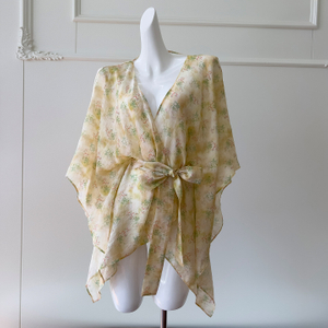 Sexy V-Neck Lace-Up Waist Batwing Sleeve Floral Shirt, Boho Vacation Style Elegant Cardigan Top71478