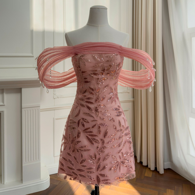 Yigelila 2026 Spring Festival New Arrival, Pink Embroidered Strapless Dress, Off-Shoulder Soft Tulle Crystal Decor Evening Dress69584