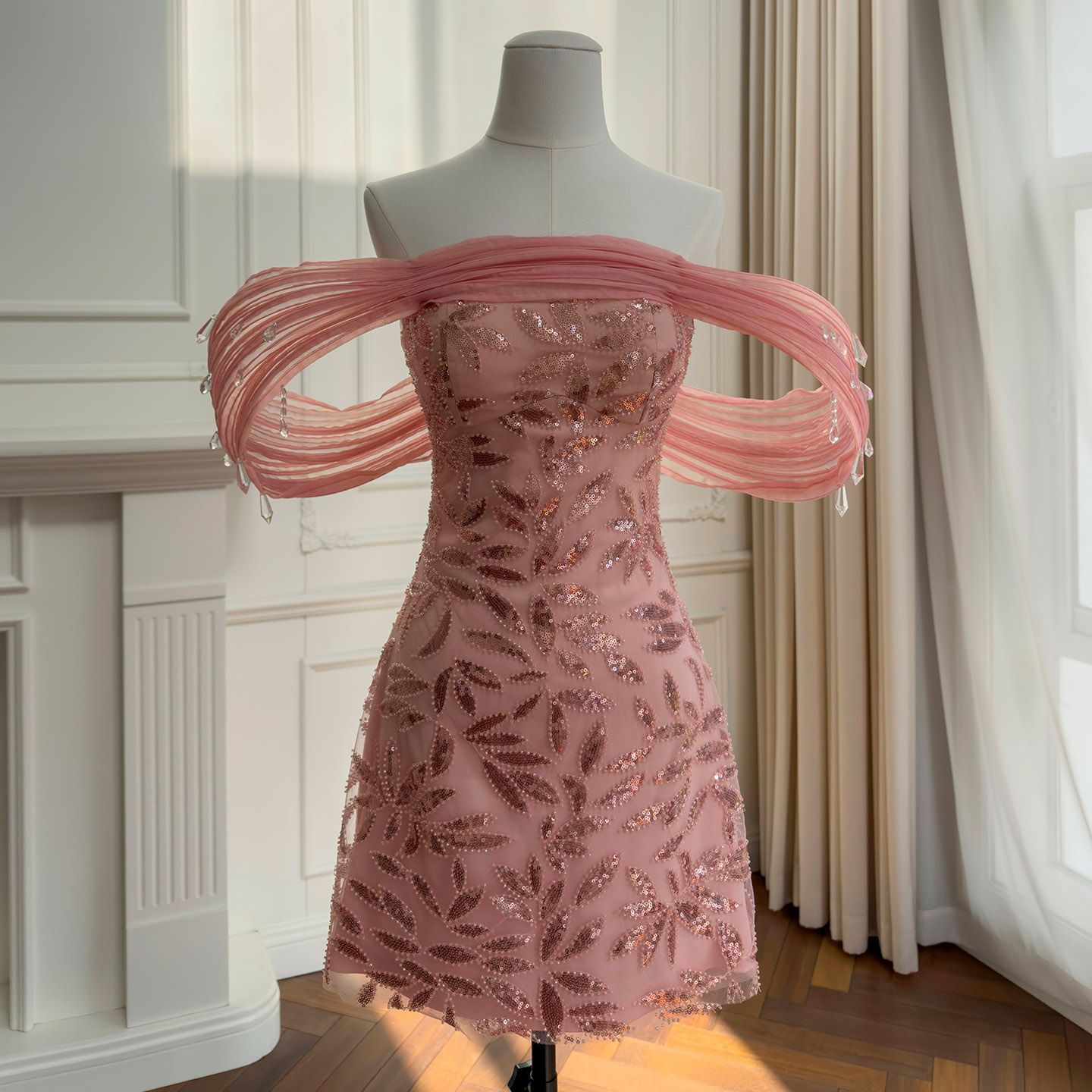 Yigelila 2026 Spring Festival New Arrival, Pink Embroidered Strapless Dress, Off-Shoulder Soft Tulle Crystal Decor Evening Dress69584