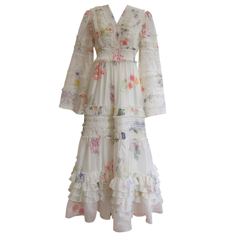 French Vacation Style V-Neck Printed Patchwork Ruffle Pleated A-Line Fairy Maxi Dress68678