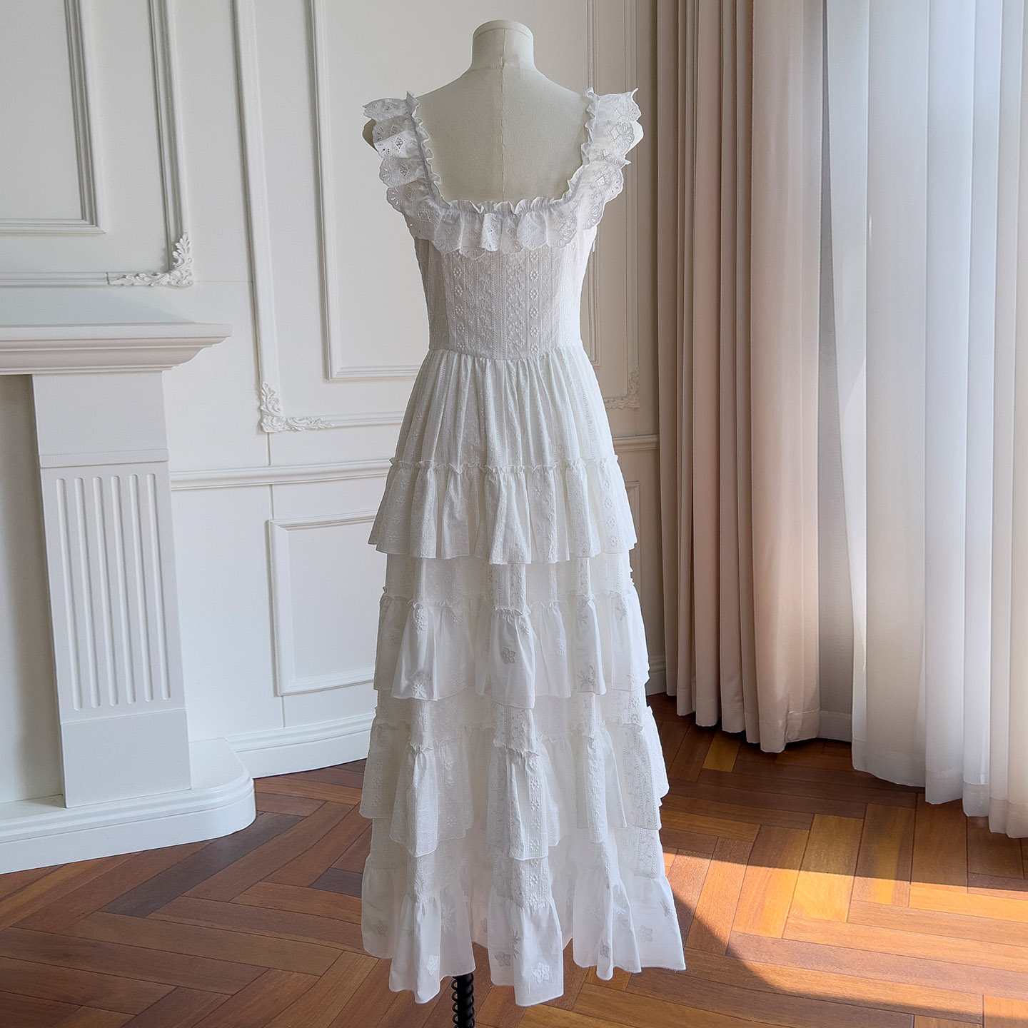 French Luxury Hollow Embroidery Slim Waist Long Dress, Ruffle Square Neck Pleated Elegant Dress69227