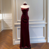 Yigelila Early Spring New Arrival, Wine Red Halter Neck Spaghetti Strap Long Slim Fit Evening Dress69534