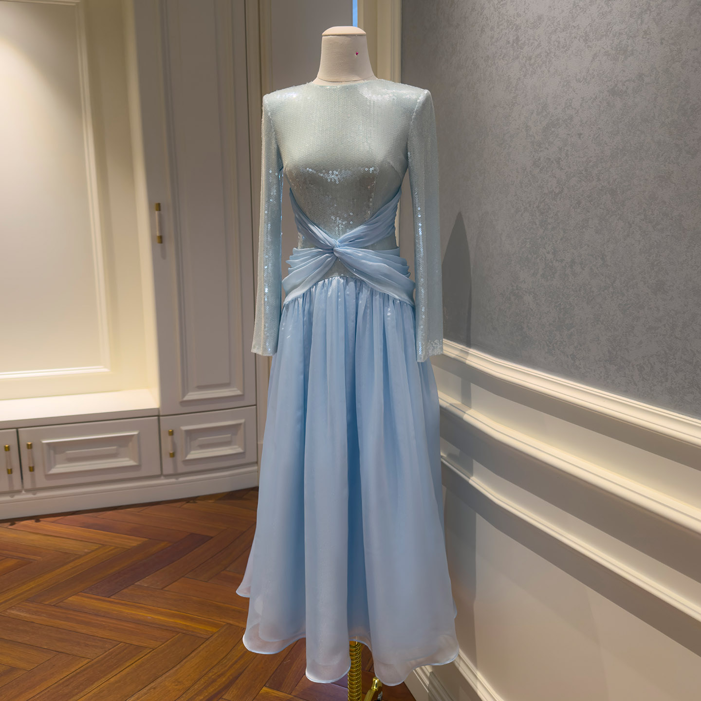 French Elegant Celebrity Style Draping Long Sleeve Dress, Mesh Patchwork Sequin Waist-Fitted Slim Long Evening Dress69618