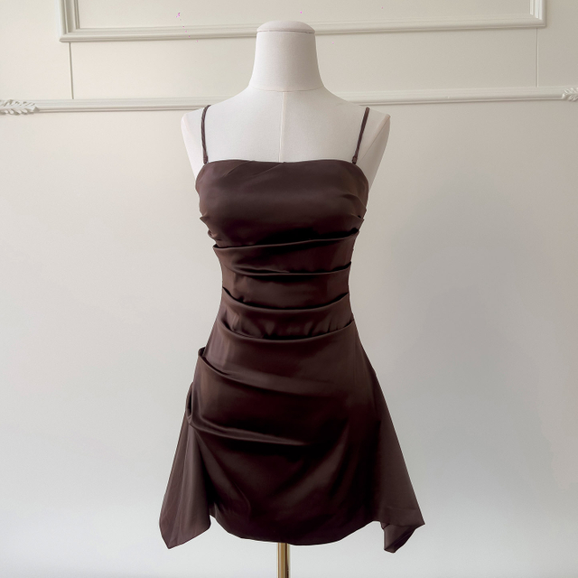 Brown Asymmetric Ruched Mini Dress 69548