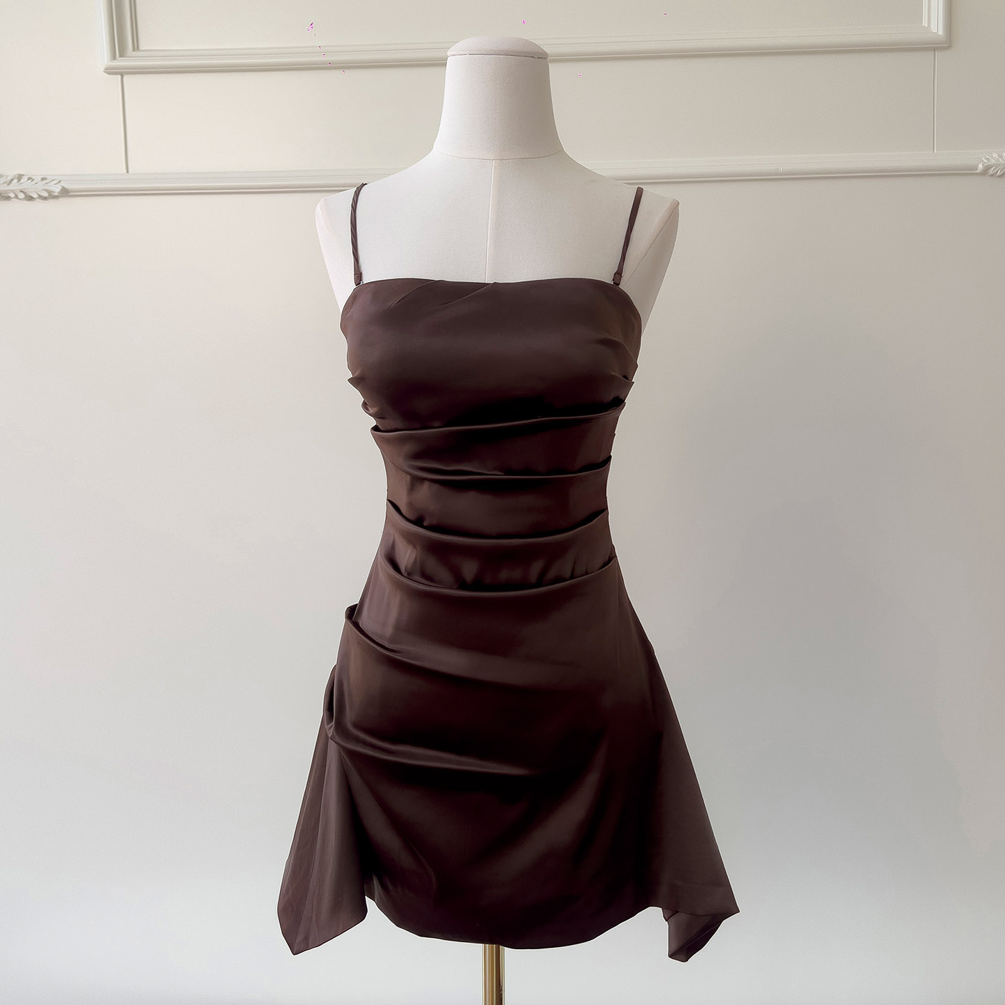 Brown Asymmetric Ruched Mini Dress 69548