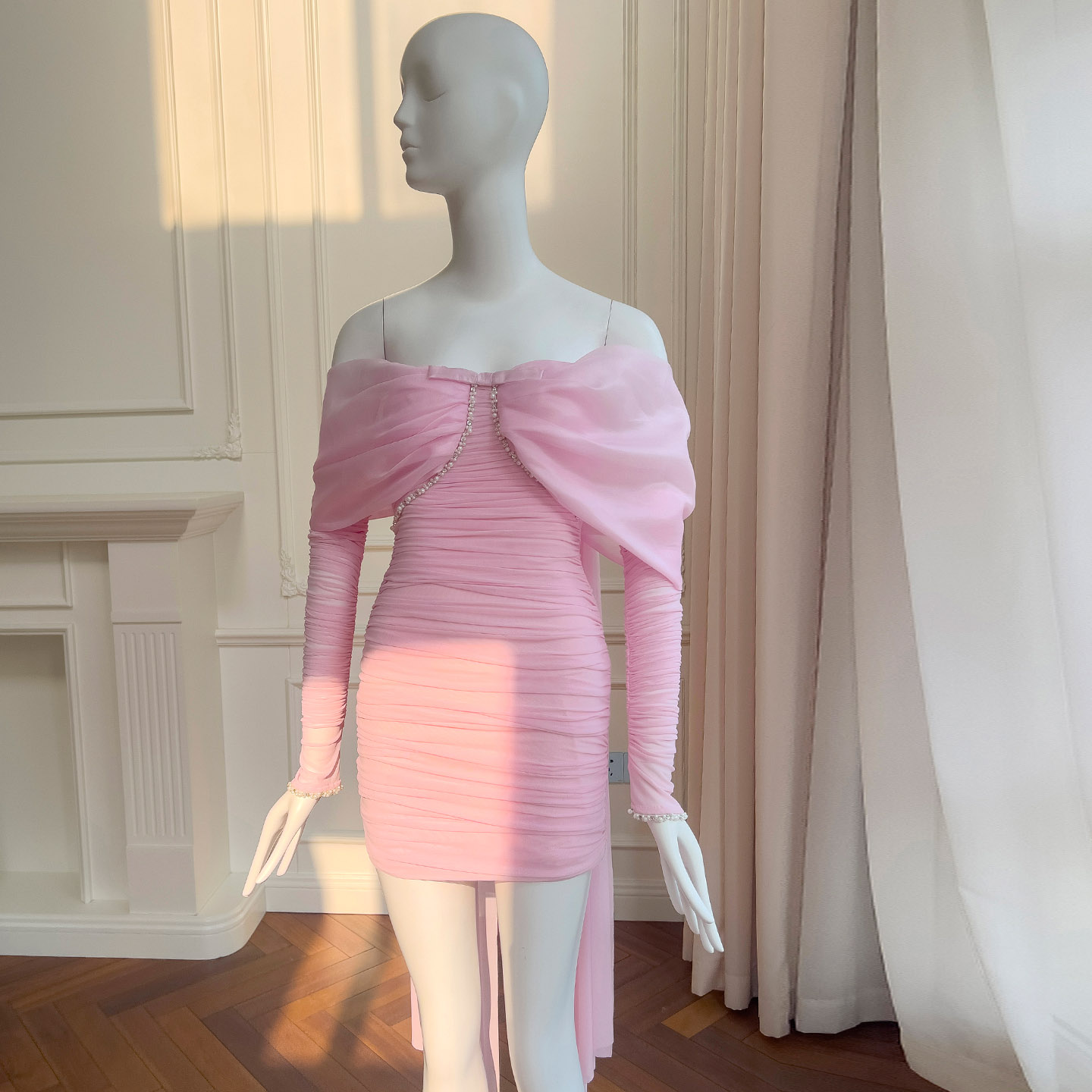 Pink Off Shoulder Ruched Party Dress 69542