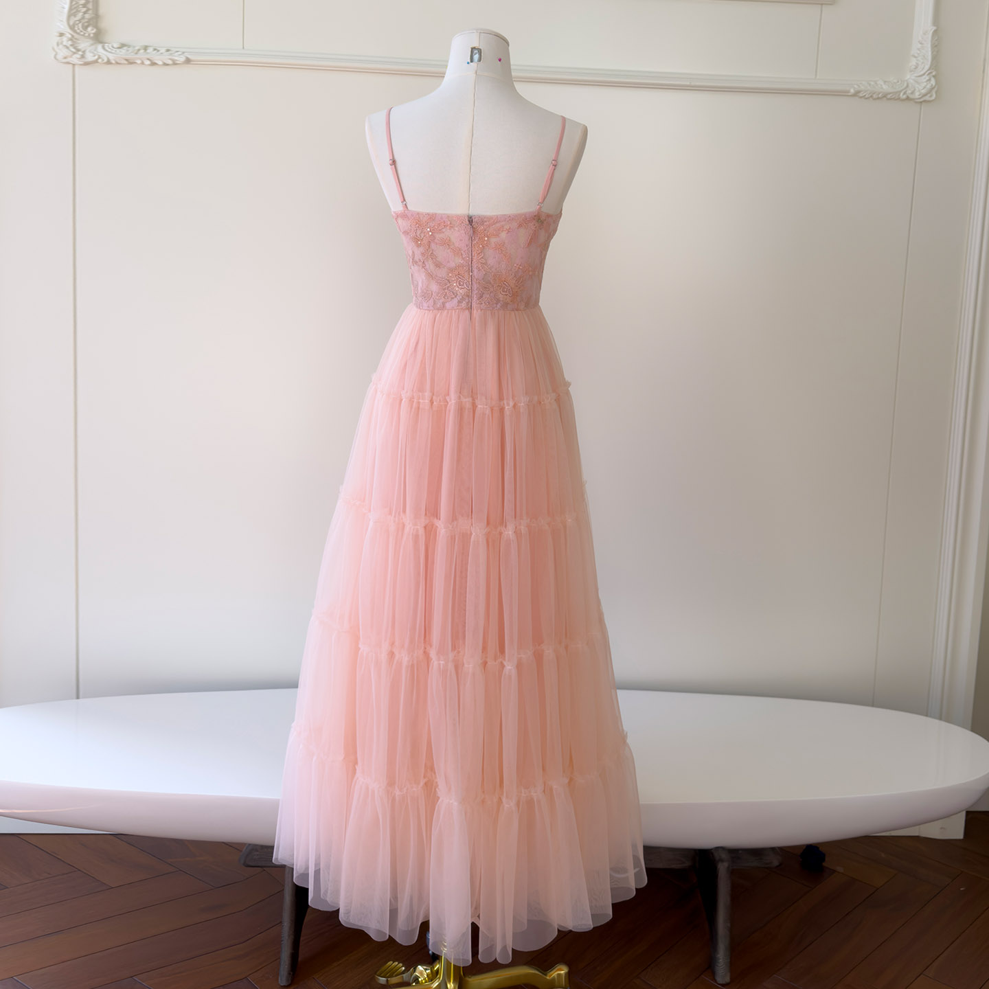 Pink Lace Bustier Tulle Spaghetti Strap Dress66517