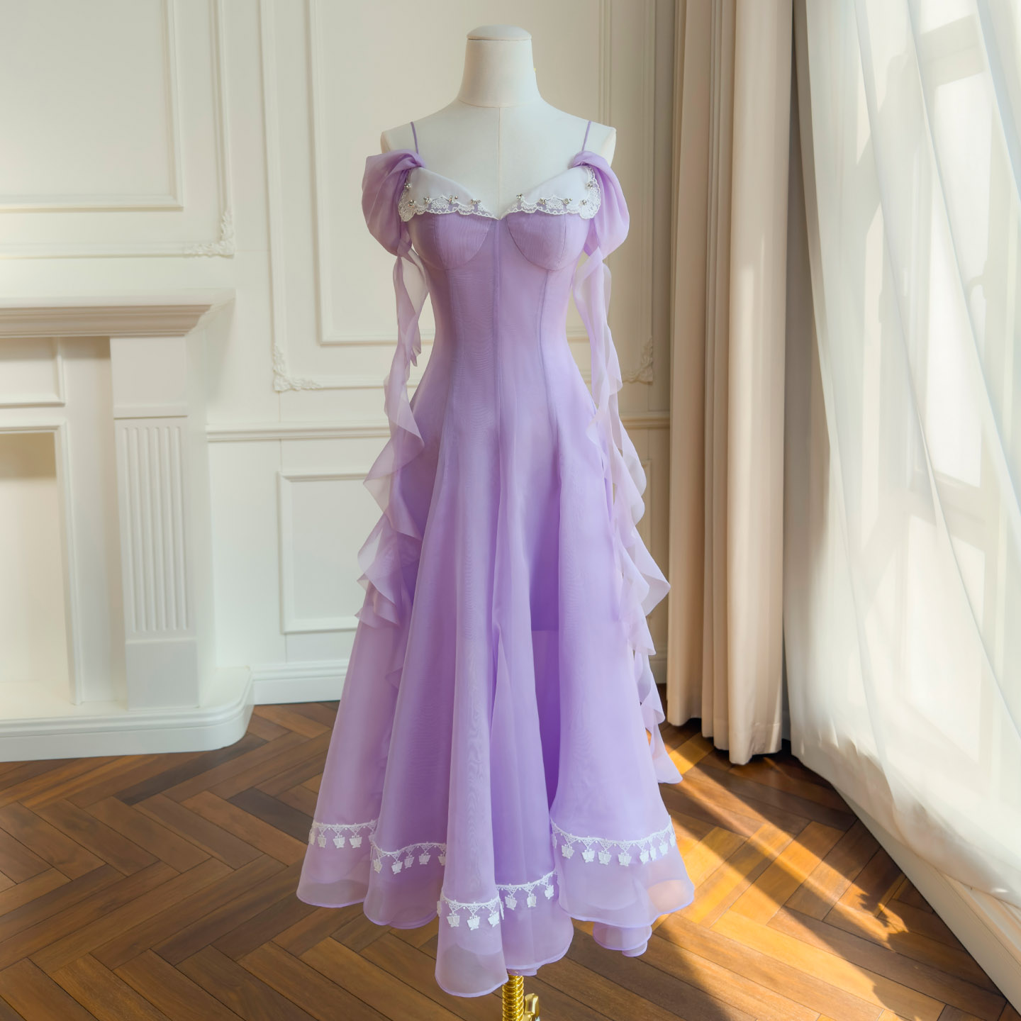 Soft Lavender Off-Shoulder Ruffle Lace Strap Maxi Dress69663