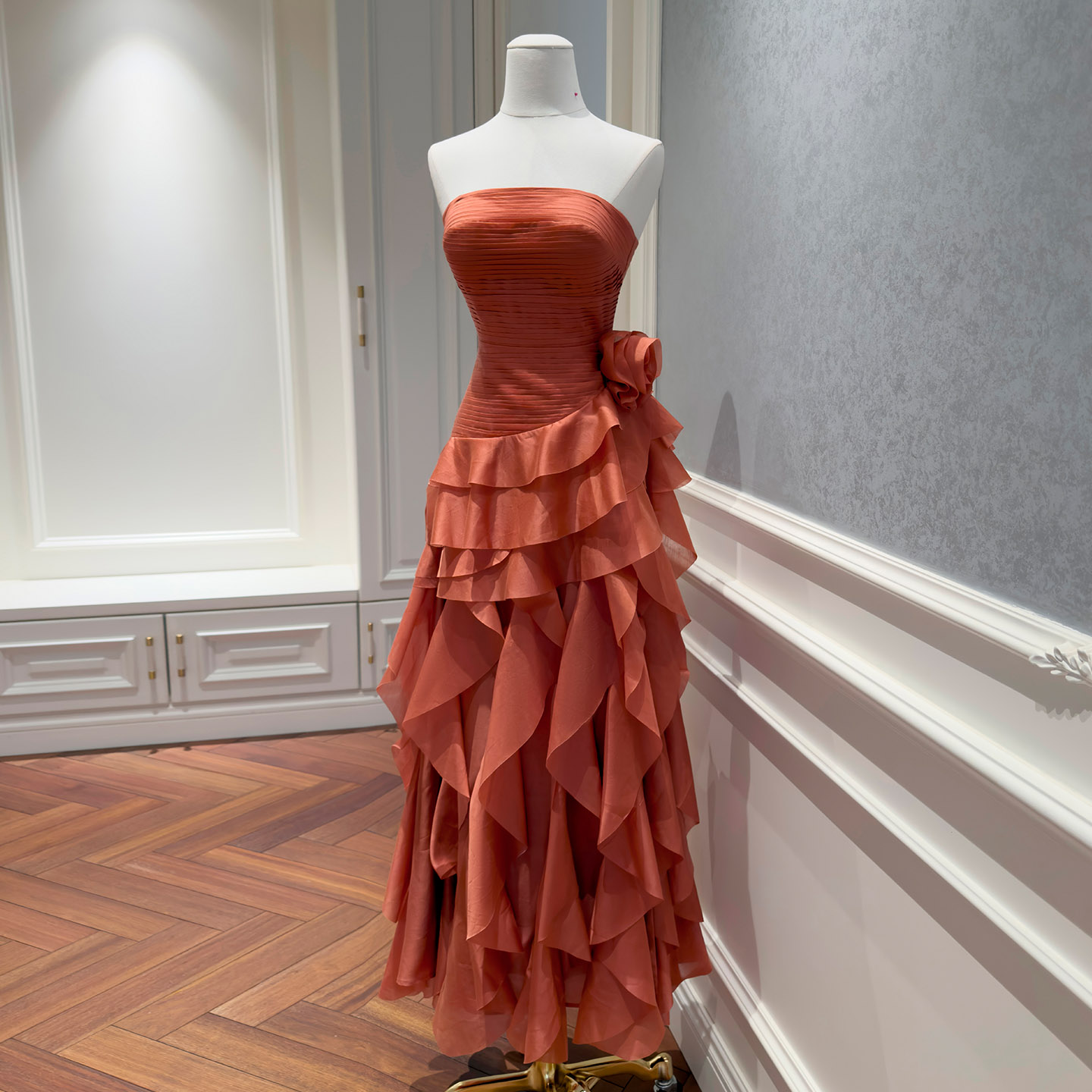 Caramel Orange Strapless Ruffled Dress69746