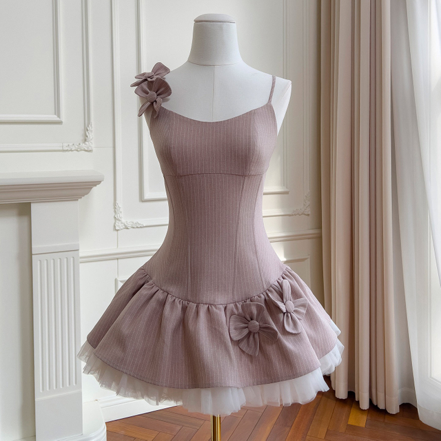 Sweet and Chic Pink Striped Mesh Camisole Dress - Women's Waist-Cinched A-Line Puff Mini Skirt with Youthful Vibes