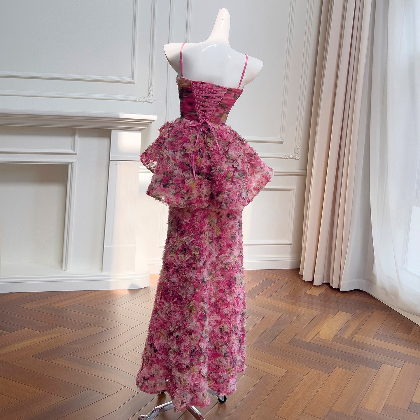 French Floral Camisole Dress - Women's Off-Shoulder Waist-Cinched Tie-Waist Maxi Dress, Figure-Flattering Evening Gown