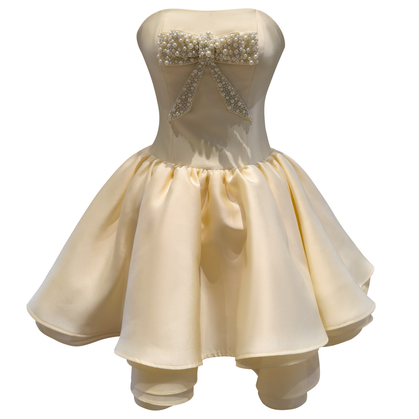 Champagne Strapless Beaded Bow Flared Mini Formal Dress69601