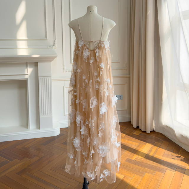 Champagne Halter 3D Floral Tulle Maxi Dress69658