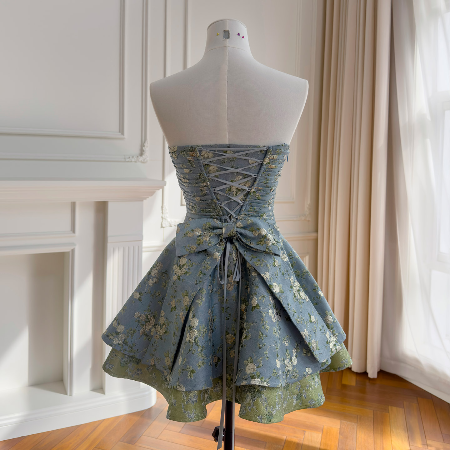 Blue Floral Strapless Ruched Waist Mini Dress69707